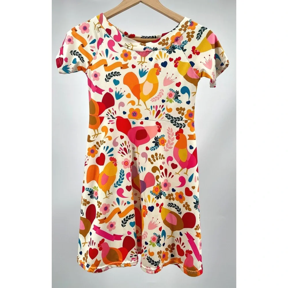 Girls Chicken Rooster Floral Dress Youth 9-10 Cottagecore Short Sleeve Twirl